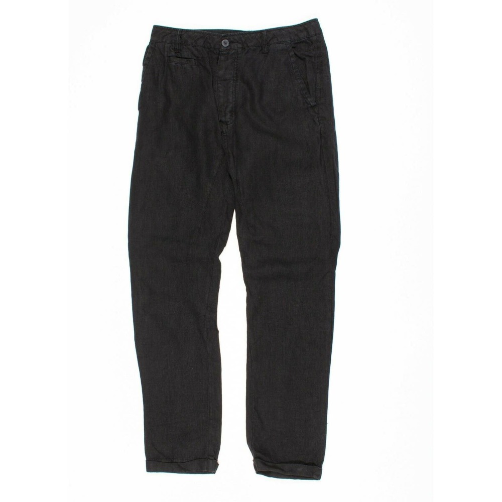 All Saints Black Linen Slim Straight Leg Cuffed Trouser Pants